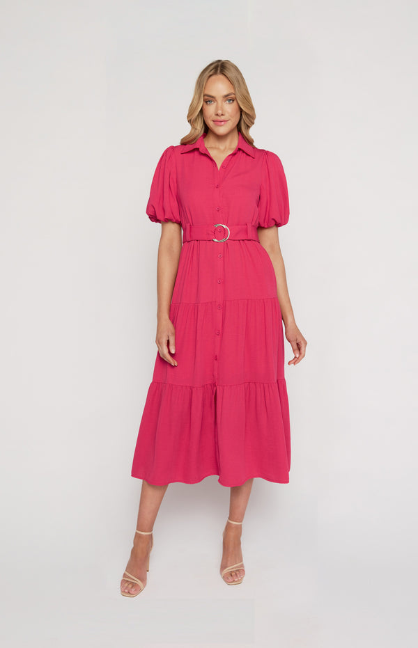Midi Shirt Dress with Metal Ring Belt and Tiered Skirt