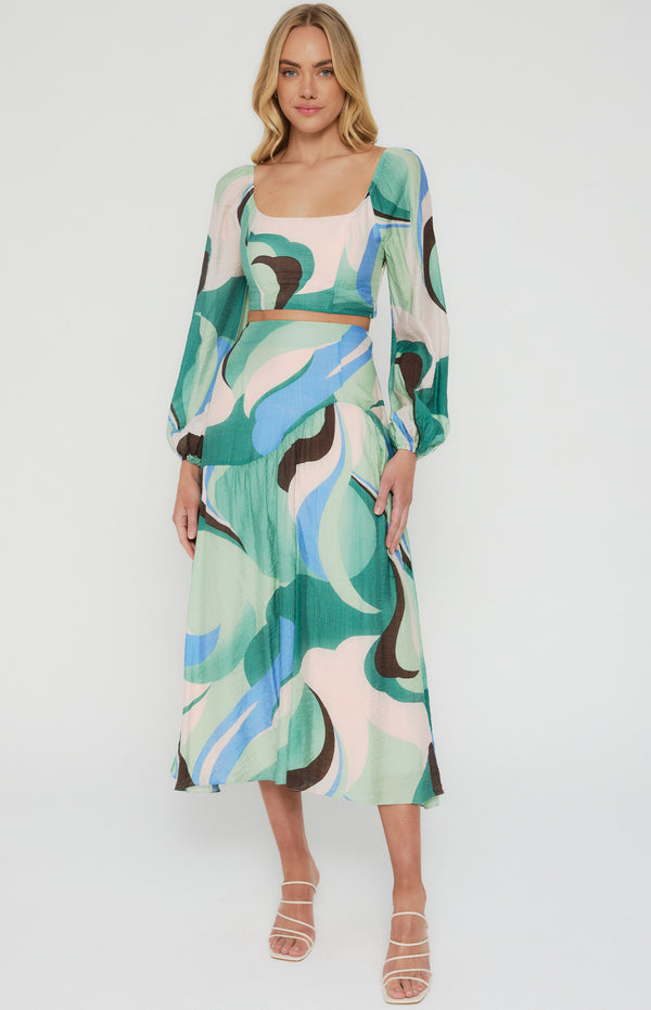 Abstract Printed Set with Top and Curved Seam Skirt
