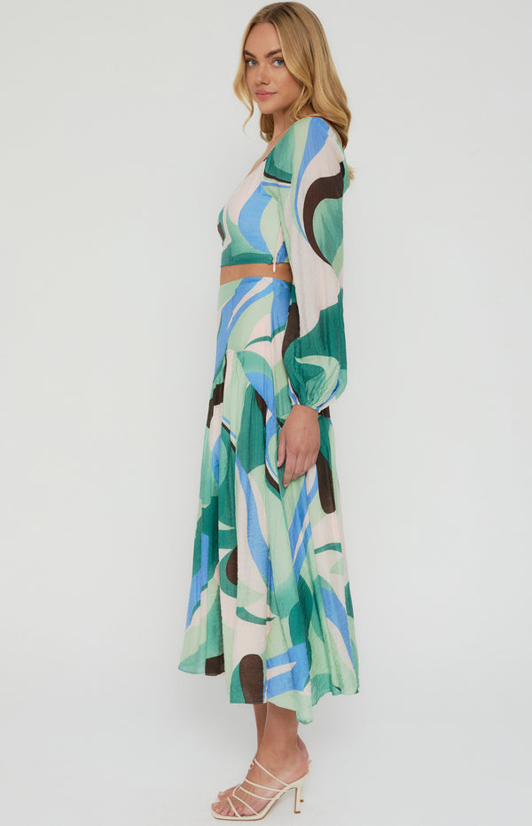 Abstract Printed Set with Top and Curved Seam Skirt