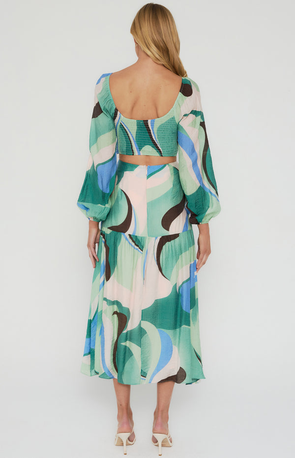 Abstract Printed Set with Top and Curved Seam Skirt