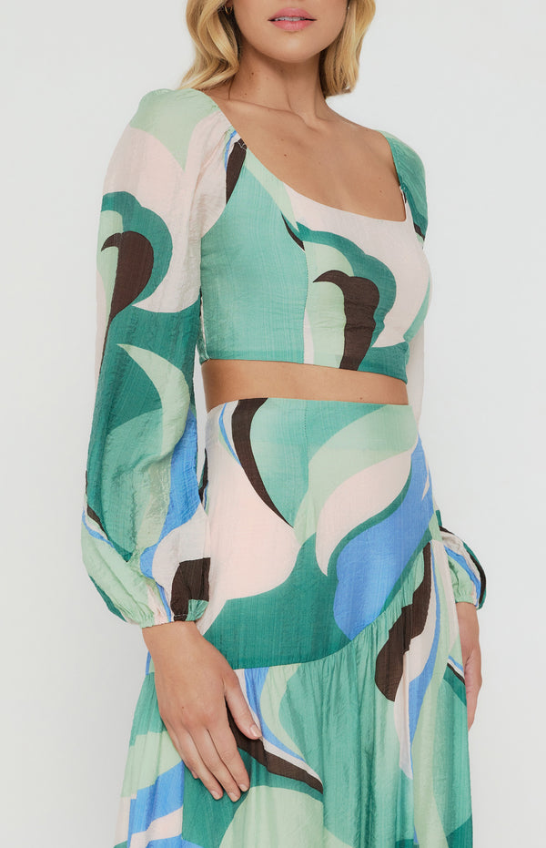 Abstract Printed Set with Top and Curved Seam Skirt