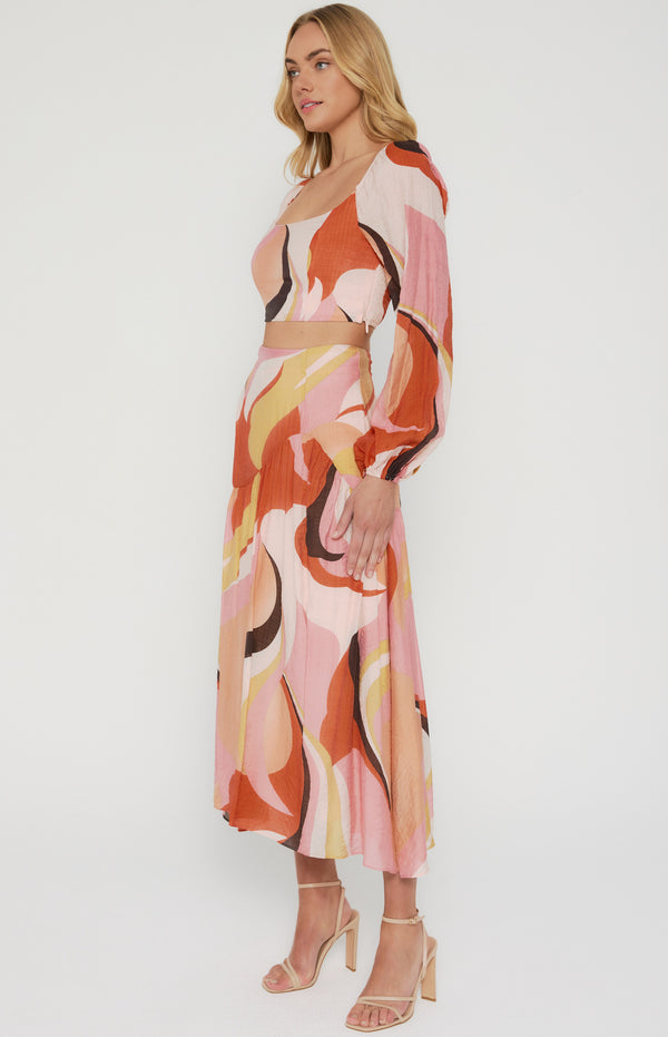 Abstract Printed Set with Top and Curved Seam Skirt