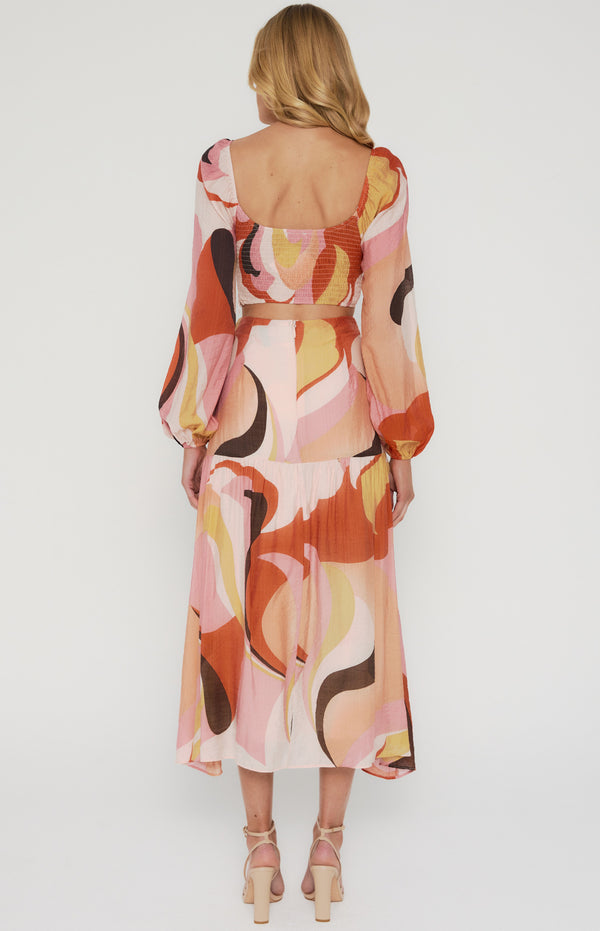 Abstract Printed Set with Top and Curved Seam Skirt