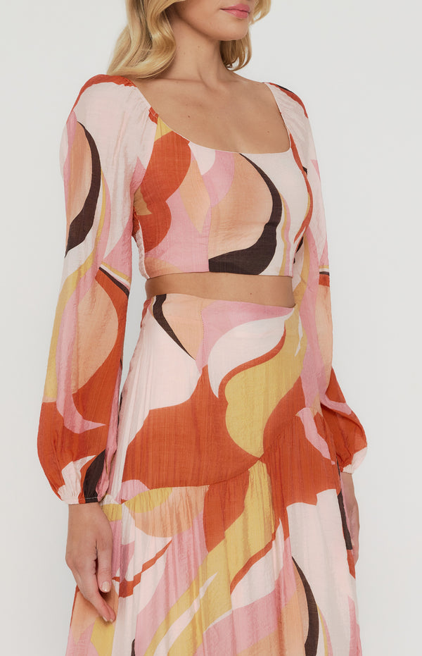 Abstract Printed Set with Top and Curved Seam Skirt