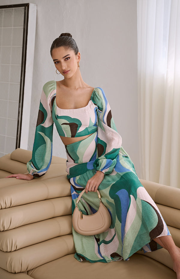 Abstract Printed Set with Top and Curved Seam Skirt