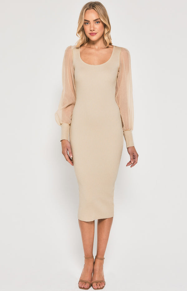Contrast Sheer Sleeve Knit Midi Dress