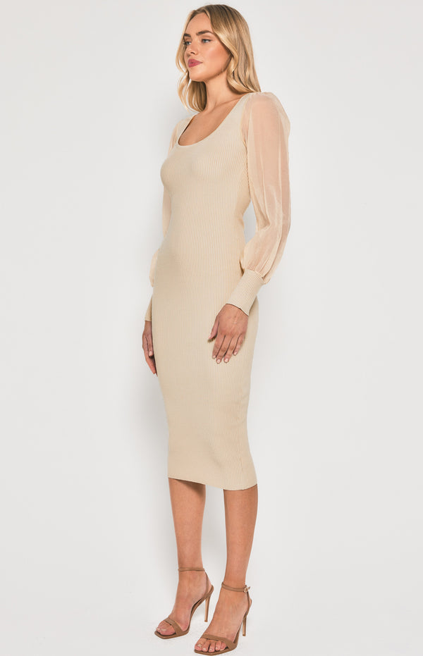 Contrast Sheer Sleeve Knit Midi Dress