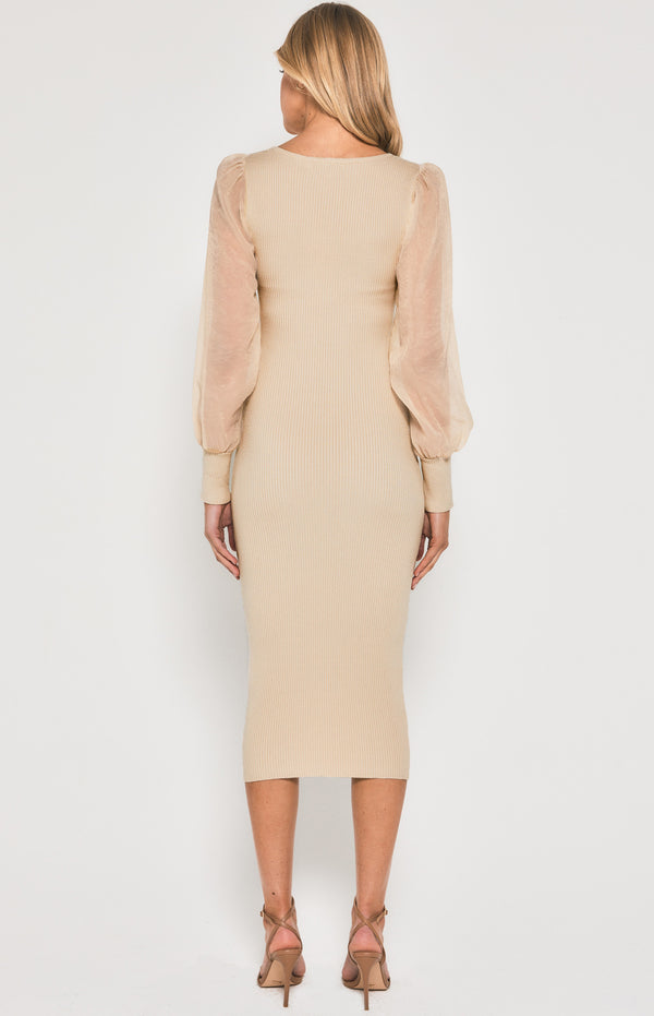 Contrast Sheer Sleeve Knit Midi Dress