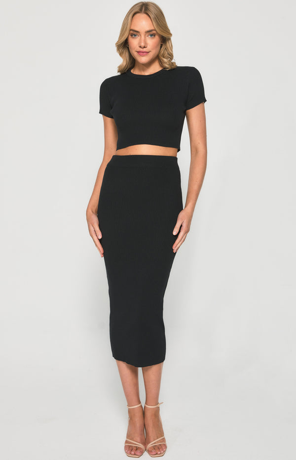 Knit Set with Round Neck Top & Midi Skirt