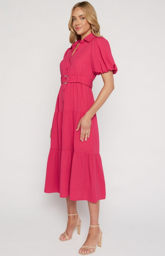 Midi Shirt Dress with Metal Ring Belt and Tiered Skirt