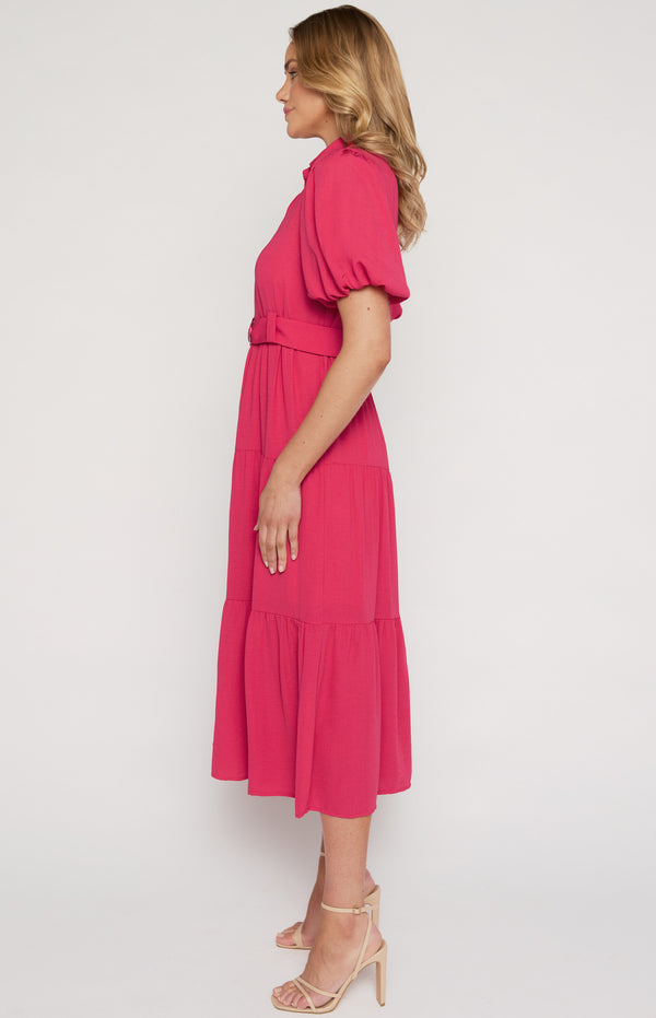 Midi Shirt Dress with Metal Ring Belt and Tiered Skirt