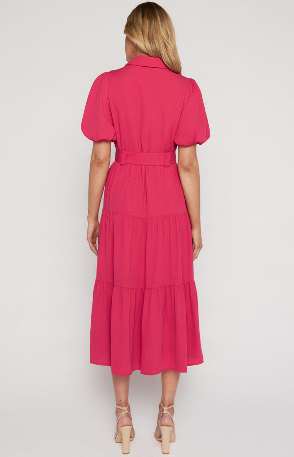 Midi Shirt Dress with Metal Ring Belt and Tiered Skirt