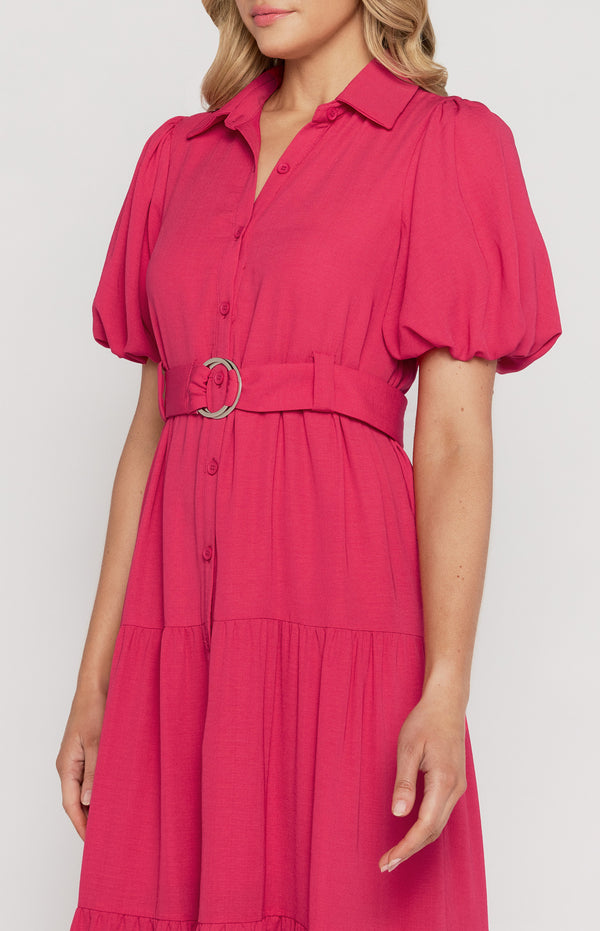 Midi Shirt Dress with Metal Ring Belt and Tiered Skirt