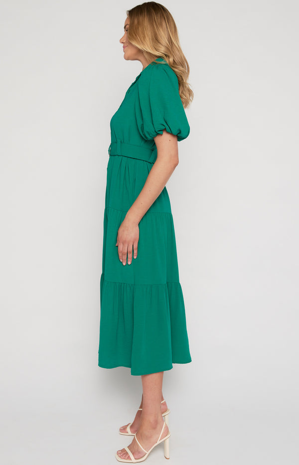 Midi Shirt Dress with Metal Ring Belt and Tiered Skirt