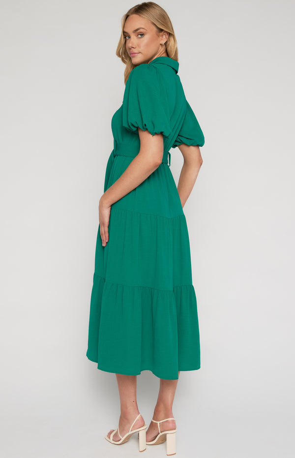 Midi Shirt Dress with Metal Ring Belt and Tiered Skirt