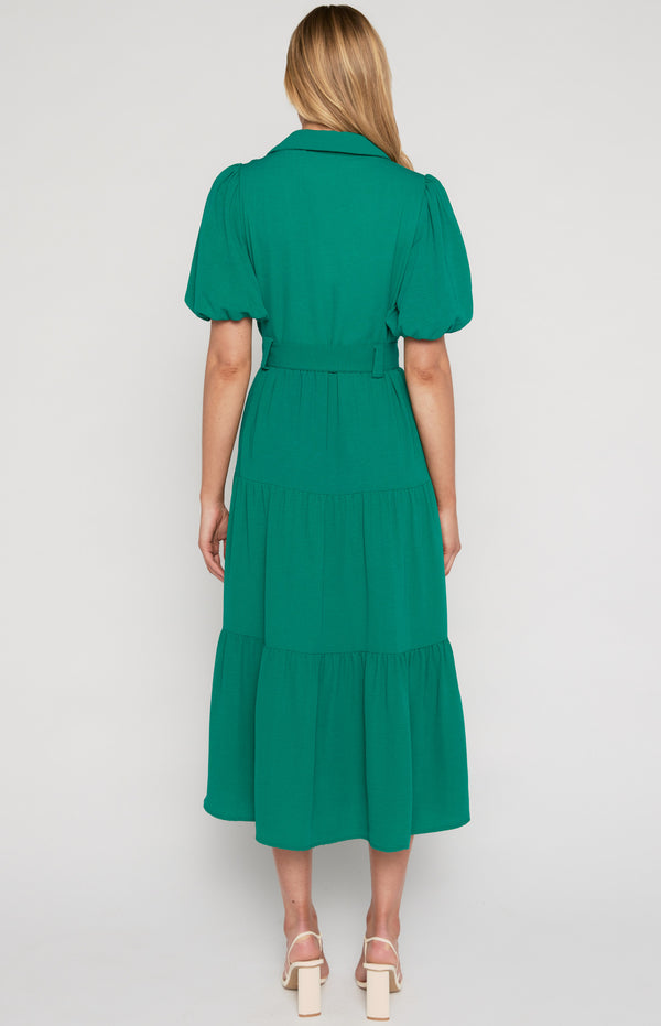 Midi Shirt Dress with Metal Ring Belt and Tiered Skirt
