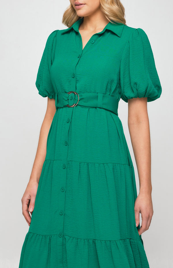 Midi Shirt Dress with Metal Ring Belt and Tiered Skirt