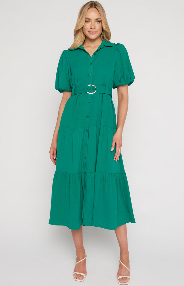 Midi Shirt Dress with Metal Ring Belt and Tiered Skirt