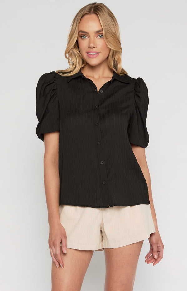 Gigot Sleeves Textured Button Up Shirt