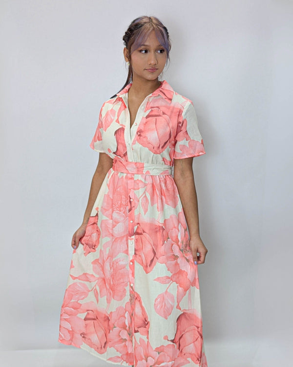 Gold Button on TrendFloral Printed Midi Dress