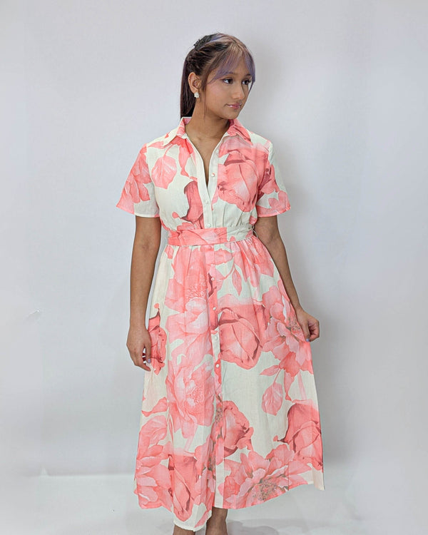 Gold Button on TrendFloral Printed Midi Dress