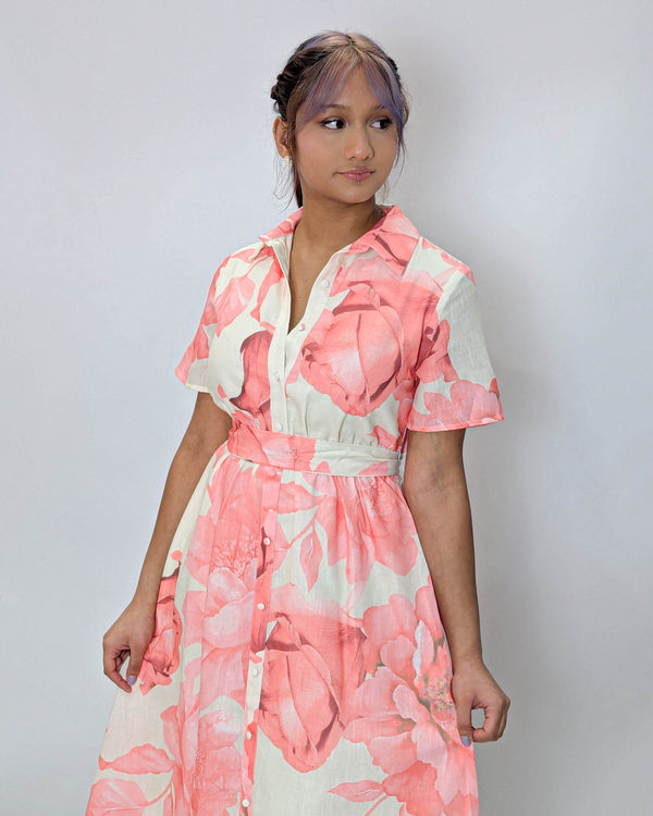 Gold Button on TrendFloral Printed Midi Dress