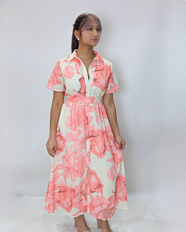 Gold Button on TrendFloral Printed Midi Dress