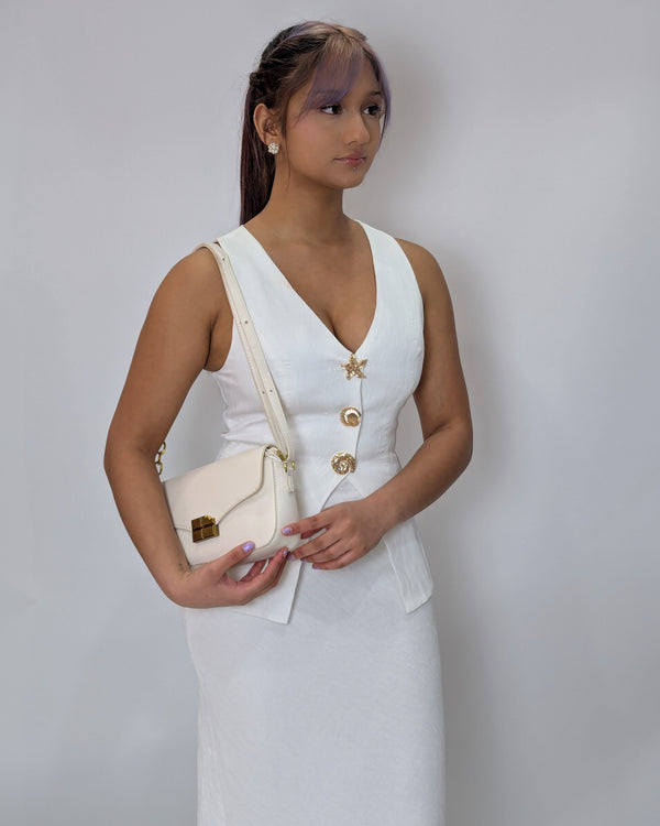 Golden Button Silhouette StyleWhite Vest Top-Slim Fit