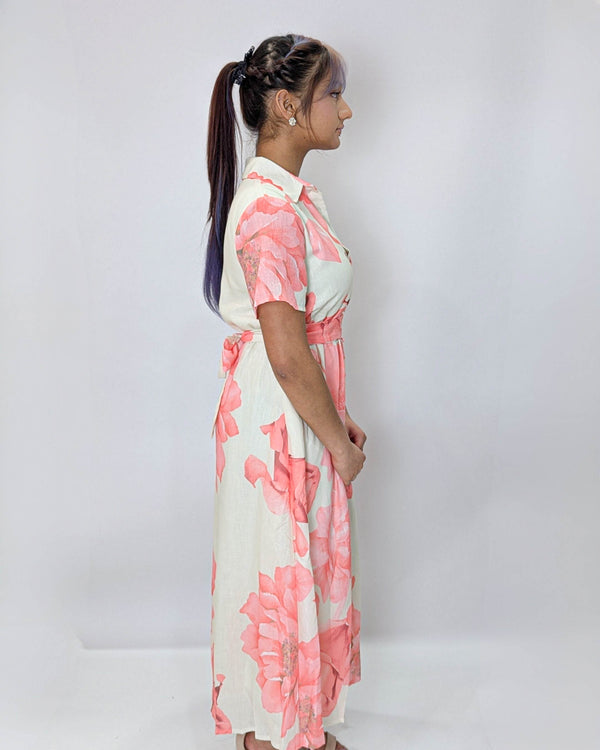 Gold Button on TrendFloral Printed Midi Dress