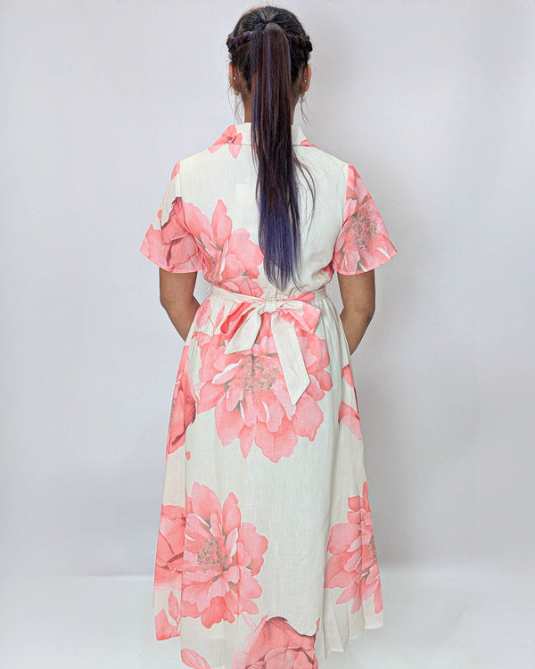 Gold Button on TrendFloral Printed Midi Dress