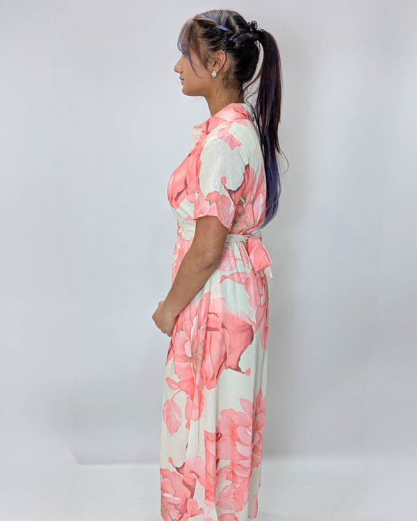 Gold Button on TrendFloral Printed Midi Dress