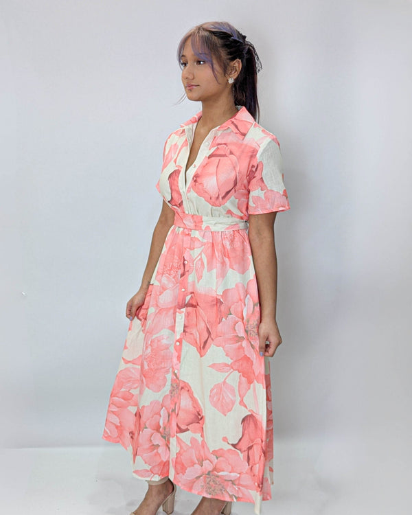 Gold Button on TrendFloral Printed Midi Dress