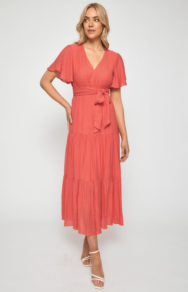 Butterfly Sleeve Shirred Waist Maxi Dress ADR1138-2A