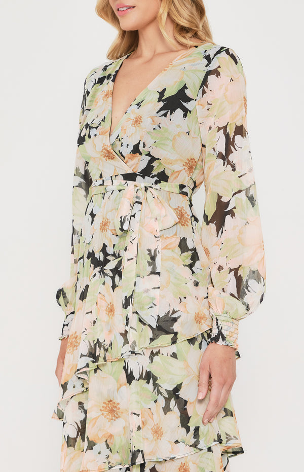 Floral Print Midi Dress with Tiered Asymmetric Hem