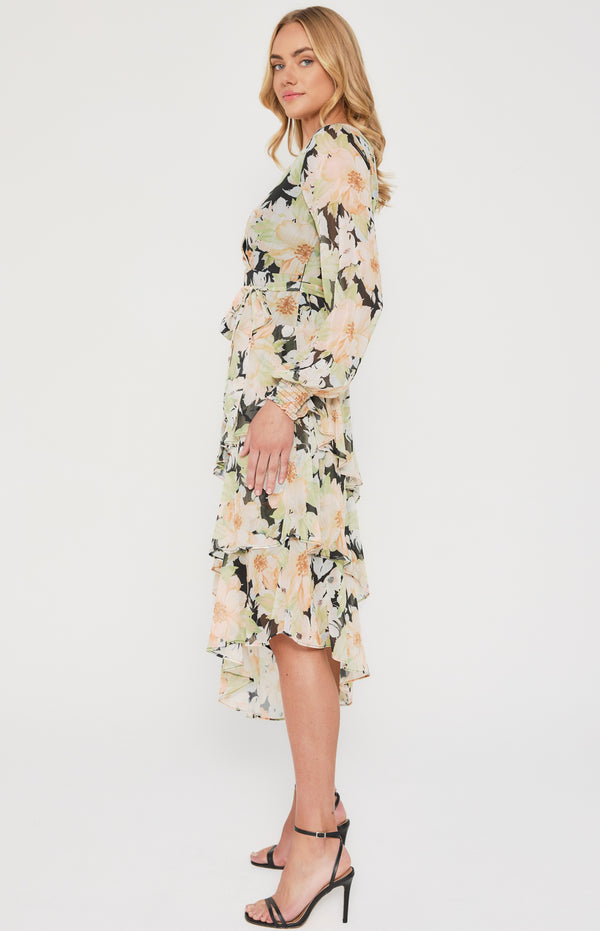 Floral Print Midi Dress with Tiered Asymmetric Hem
