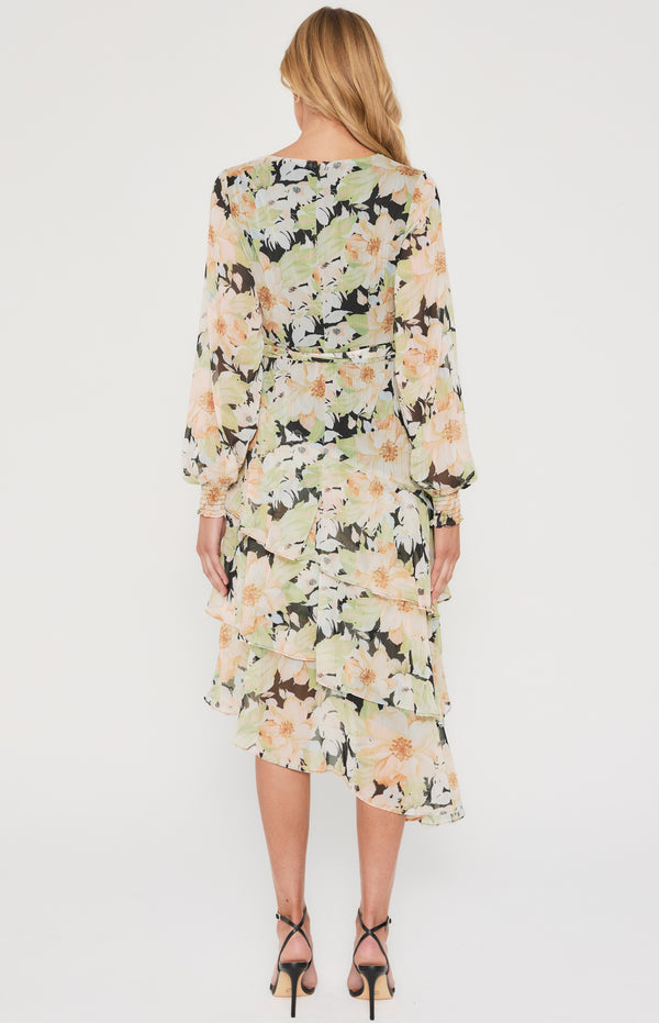 Floral Print Midi Dress with Tiered Asymmetric Hem