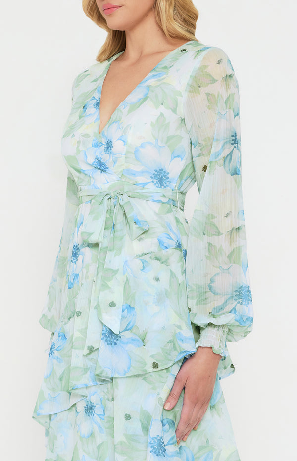 Floral Print Midi Dress with Tiered Asymmetric Hem