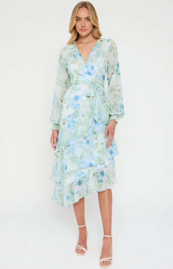 Floral Print Midi Dress with Tiered Asymmetric Hem