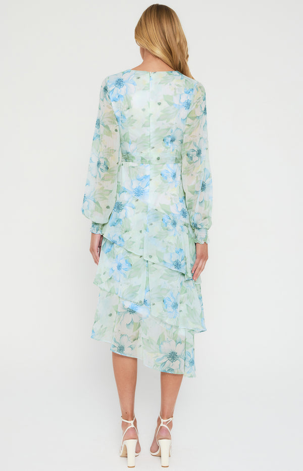Floral Print Midi Dress with Tiered Asymmetric Hem