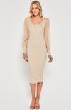Contrast Sheer Sleeve Knit Midi Dress