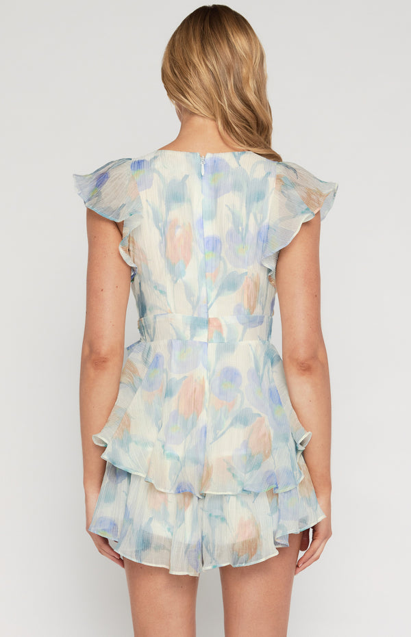 Floral Frill Sleeve Playsuit with Layered Hem