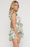 Floral Frill Sleeve Playsuit with Layered Hem