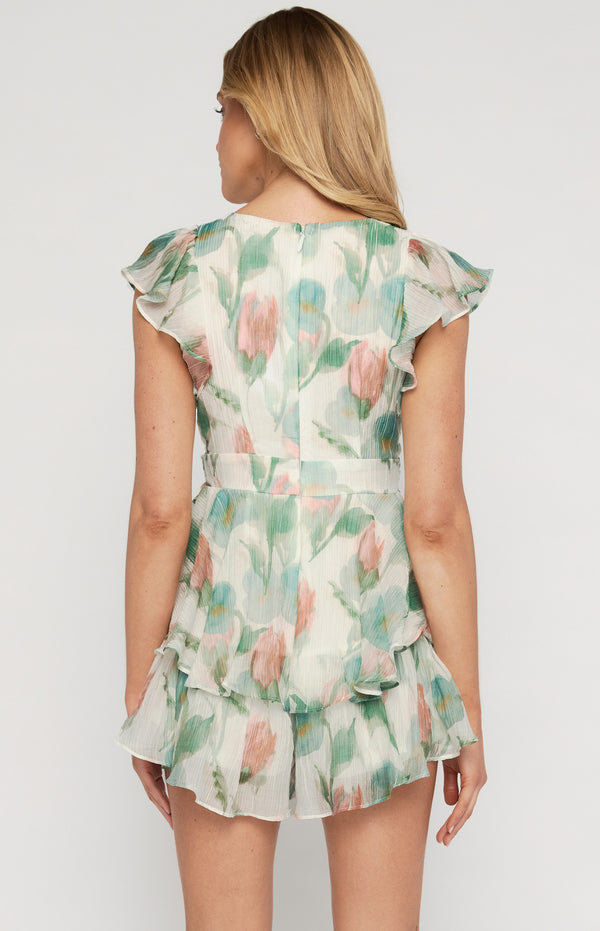 Floral Frill Sleeve Playsuit with Layered Hem