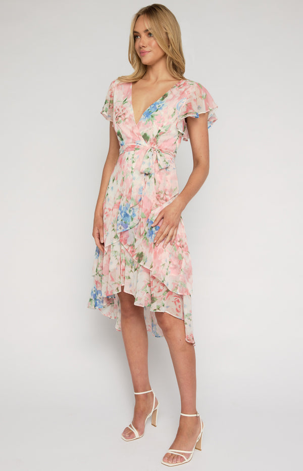 Floral Print Waterfall Hem Midi Dress