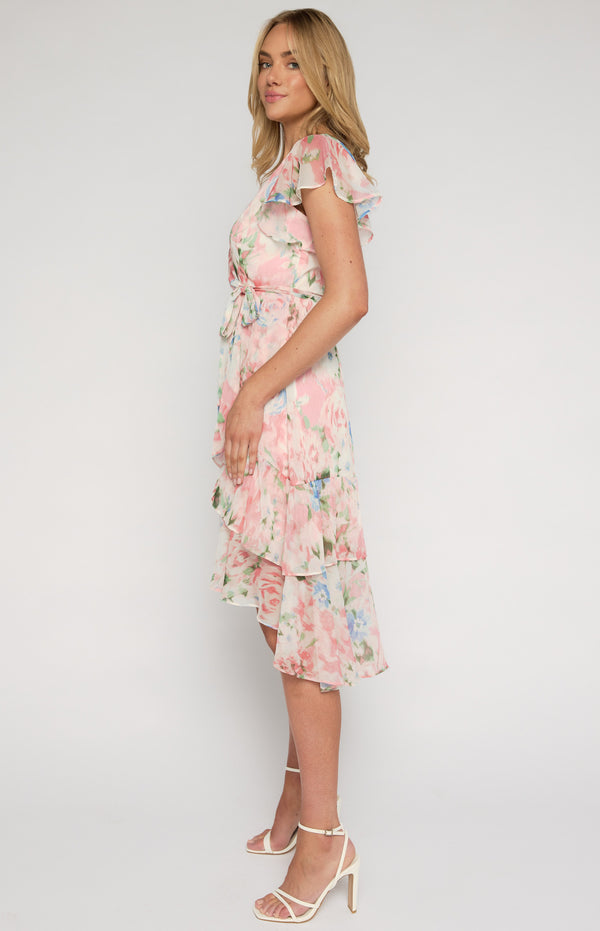 Floral Print Waterfall Hem Midi Dress
