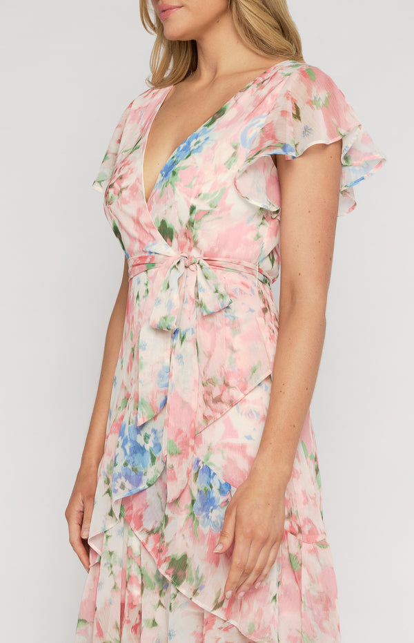 Floral Print Waterfall Hem Midi Dress