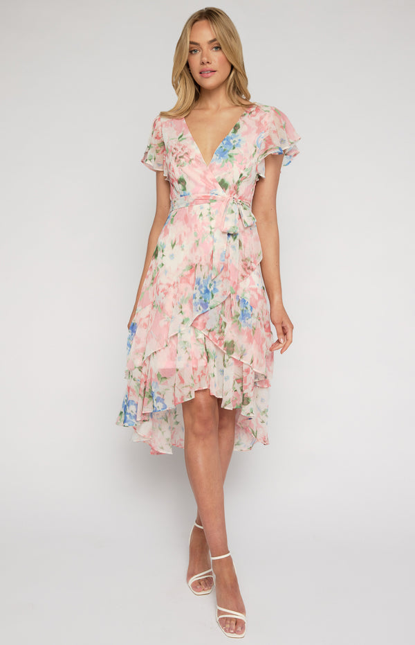 Floral Print Waterfall Hem Midi Dress