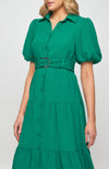 Midi Shirt Dress with Metal Ring Belt and Tiered Skirt