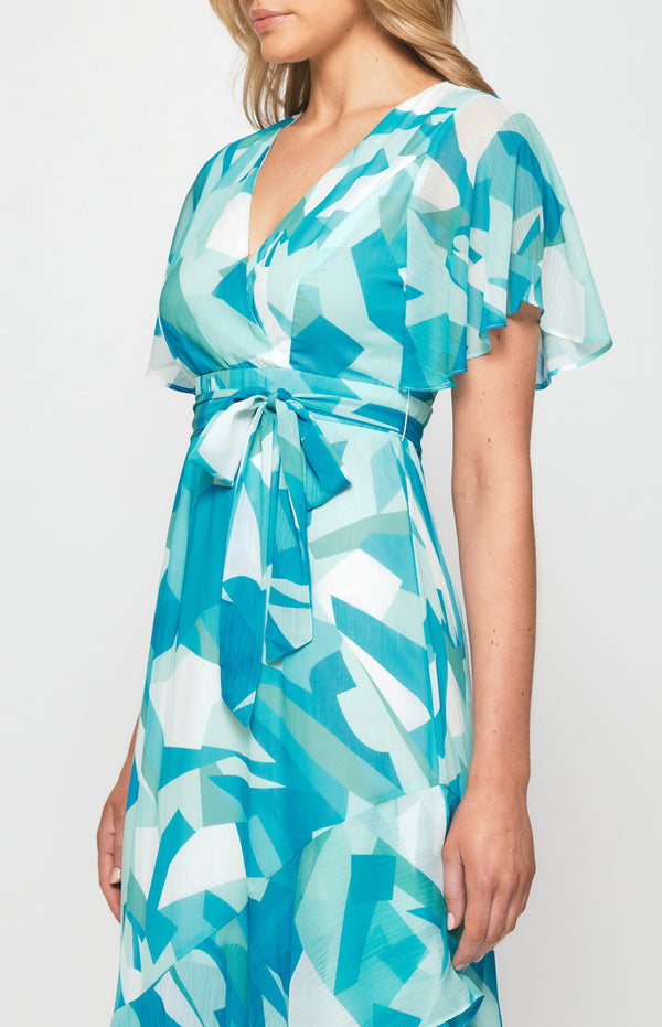 Abstract Print Chiffon Midi Dress with Asymmetric Hem