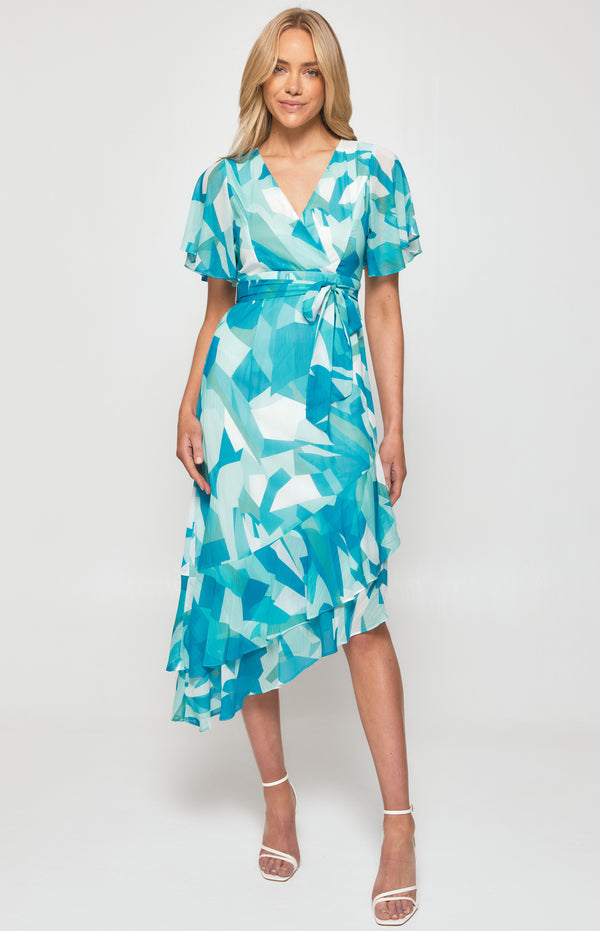 Abstract Print Chiffon Midi Dress with Asymmetric Hem